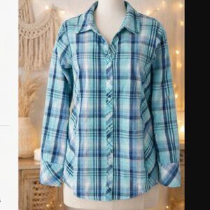 LC Waikiki Teal Plaid Button Up Shirt 44 (US Large) Casual Preppy Minimalist